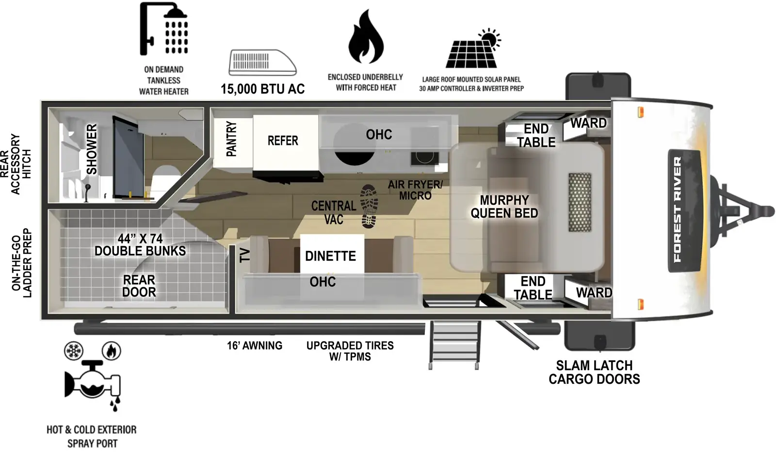 The RP-200 has zero slideouts and one entry. Exterior features 16 foot awning, upgraded tires with TPMS, hot and cold spray port, on-the-go ladder prep, rear accessory hitch, on demand tankless water heater, 15,000 BTU air conditioner, enclosed underbelly with forced heat, and large roof mounted solar panel 30 amp controller & inverter prep. Interior layout front to back: murphy queen bed with wardrobes and end tables on each side; off-door side kitchen counter with convection microwave, cooktop, sink, overhead cabinet, central vacuum, refrigerator, and pantry; door side entry, dinette, overhead cabinet, and TV; off-door side rear full bathroom with night light; rear door side double bunks with adventure storage door.